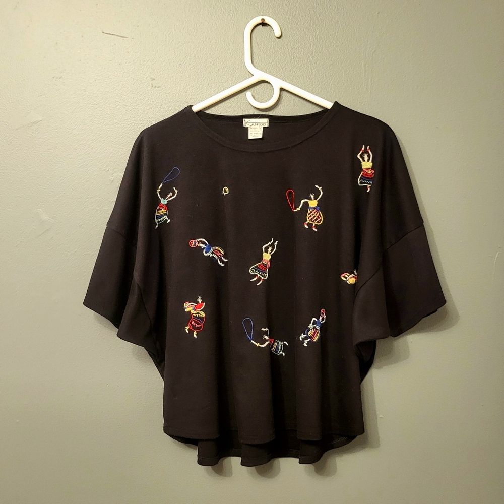 Womens Vintage ARTSY Batwing Shirt Festive DANCING ISLAND PEOPLE sz M